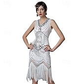 お買い得  1920年代のドレス-20代の轟音 1920年代風 膝丈 ドレス フラップワンピース セット ノー・スリーブ グレートギャツビー チャールストン プラスサイズ タッセル フェザー Ｖネック 仮装 女性用 カーニバル 新年 マスカレード パーティー スピークイージー マスカレード 成人 1×ネックレス ドレス グローブ