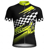 cheap Men's Jerseys-Men Cycling Jersey Downhill Jersey Geometric Checkerboard Short Sleeve Bike Jersey T Shirt with 3 Rear Pockets UV Resistant Fast Dry With Pockets Front Zipper Sports Green Clothing Apparel