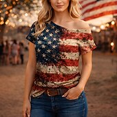 Недорогие Топы-250-летие США Ретро В стиле 1980-х Короткий Как у футболки На одно плечо Короткие рукава Флаг США Маскарадный костюм Жен. 4 июля День независимости Взрослые Футболка