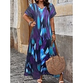 voordelige Gestreepte &amp; Geometrische Jurken-Dames Maxi-jurk Casual jurk T shirt jurk A lijn jurk Modieus Modern Dagelijks Vakantie Uitgaan Ruim Passend Gestreept Korte mouw V-hals blauw Blozend Roze Rood Paars Zomer Lente