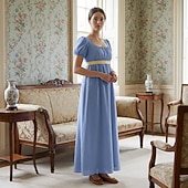 preiswerte Kleid-19. Jahrhundert Regency-Zeit Knöchellänge Kleid Kurze Ärmel Prinzessin Dame Edelfrau Einfarbig Quadrathals Kostüm Damen königlich Halloween Karneval Teegesellschaft LARP Renaissance-Messe Erwachsene