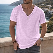 cheap Cotton Linen T-shirts-Men's Tee Top Linen T-Shirt Short Sleeve Short Sleeves Henley Collar Summer Plain Fashion Designer Basic Soft Casual Vacation Street Light Blue Top Tee for Men