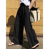 preiswerte Wesentliche Falsche Unterteile-Damen Kunstbaumwollleinen Weites Bein Chinos Sommerhose Urlaub Mode Streetwear Volle Länge Hohe Taille Einfach Tasche Elastischer Bund Bequem Komfort Weich Dehnbar Täglich Outdoor Straße Marineblau