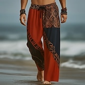 cheap Men's Printed Casual Pants-Men's Geometric Color Block Trousers Baggy Pants Casual Pants Mid Waist Fashion Home Outdoor Vacation Elastic Drawstring Waist Linen-Like Pants with Pockets Summer Spring 3D Print Blue Red Purple