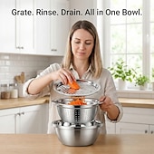 voordelige Fruit- &amp; Groentebenodigdheden-3-delige roestvrijstalen keukenset met geïntegreerde hakmolen, multifunctioneel filter en mengkom, ideaal voor het schoonmaken en snijden van fruit, groenten en kaas, perfect voor thuis koken,