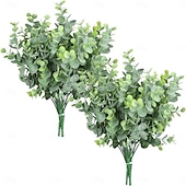 abordables Flores artificiales-4 piezas de eucalipto artificial en aerosol, tallo de vegetación falsa, rama de eucalipto dólar de plata falso para decoración del hogar de granja &amp;fiesta temática de la jungla