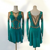 cheap Figure Skating Dresses-Figure Skating Dress Women's Ice Skating Dress Green Patchwork Open Back High Elasticity Training Competition Skating Wear Classic Crystal / Rhinestone Long Sleeve Ice Skating Figure Skating