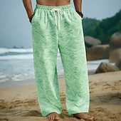 baratos Calça Casual Estampada Masculina-Homens Geométrica oceano Ondas Calças Calças largas Calça casual Cintura Média Havaiana Ao ar livre Férias Roupa de Praia Cintura elástica com cordão Calças de linho com bolsos Verão Primavera