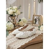 cheap Bride-Women's Ivory Lace Floral Pearl Flat Shoes, Romantic Bridal Flats for Outdoor Garden Weddings