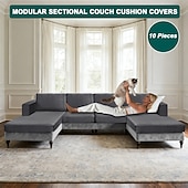 abordables Sofadoek-10 Pieces Sofa Cushion Covers for U-Shaped Modular Sectional Couch with 4 Seat 4 Back 2 Arms, Stretch Velvet Upholstered Covers for Sofa Bed with Deep Double Chaise