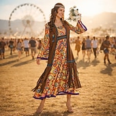 levne oblečení-Sada Retro 70. léta Disko Šaty Úbory Semišová vesta Dlouhé rukávy Hippie Disko Třásně Květinový Maškarní kostým Dámské předvečer Všech svatých Karneval Plesová maškaráda hudební festival Výkon Pride