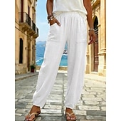 economico Fondi-pantaloni estivi da donna 100% cotone pantaloni pantaloni da spiaggia vacanza boho lunghezza alla caviglia colore naturale tinta unita tasca vita elasticizzata spiaggia casual nero bianco verde militare blu scuro estate primavera autunno