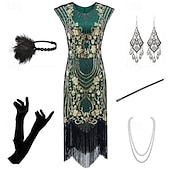 お買い得  1920年代のドレス-20代の轟音 1920年代風 膝丈 ドレス フラップワンピース セット ノー・スリーブ グレートギャツビー チャールストン プラスサイズ タッセル フェザー Ｖネック 仮装 女性用 カーニバル 新年 マスカレード パーティー スピークイージー マスカレード 成人 1×ネックレス ドレス グローブ