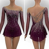 cheap Figure Skating Dresses-Figure Skating Dress Girls' Ice Skating Dress Fuchsia Patchwork Open Back Stretchy Training Competition Skating Wear Classic Crystal / Rhinestone Long Sleeve Ice Skating Figure Skating