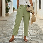  Femmes Pantalon en coton et lin Slacks Pantalon d'été 100% Coton Uni Classique Longueur cheville Taille Moyenne Avec Poches Bouffant Conception à cordon élastique Confort Respirabilité Doux
