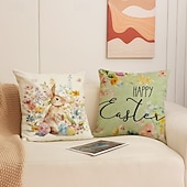 levne Hodte polštáře, vložky a kryty-Sada 4 lněných prodyšných povlaků na polštáře s potiskem velikonočních zajíčků, jarní domácí dekorativní povlaky na polštáře na pohovku