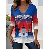  Itsenäisyyspäivä amerikkalainen juhlavuosi isänmaallinen naisten t-paita painatus graafinen amerikkalainen lippu vintage tyylikäs rento pitkähihaisella V-kaula-aukolla säännölliset yöpaitat