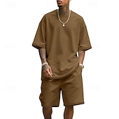 tanie Zestawy koszulek męskich Basic-Męskie T-shirt Garnitury 2 sztuki stroje Koszulka i spodenki Krótki rękaw Półgolf Lato Równina Moda Codzienny 2-częściowa Codzienny Urlop Dzienne zużycie Zgniła zieleń Czarny Biały Top Tee dla