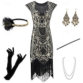 お買い得  1920年代のドレス-20代の轟音 1920年代風 膝丈 ドレス フラップワンピース セット ノー・スリーブ グレートギャツビー チャールストン プラスサイズ タッセル フェザー Ｖネック 仮装 女性用 カーニバル 新年 マスカレード パーティー スピークイージー マスカレード 成人 1×ネックレス ドレス グローブ