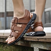 cheap Outdoor Sandals-Men's Faux Leather Velcro Strap Sandals, Breathable and Adjustable for Summer Vacations, Beach Days and Relaxed Casual Wear
