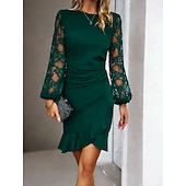 ieftine Rochie simplă-Pentru femei Rochie Mini Rochie teacă Elegant Petrecere cocktail În aer liber Petrecere Invitat la nunta Dantelă Peteci Fit regulat Culoare solidă Manșon Lung Stil Nautic Negru Roșu Vin Verde Închis