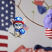  8 stk. patriotiske ornamenter til 4. juli, søt kattunge i tekopp hengende dekorasjon, uavhengighetsdagen rød hvit blå amerikansk flagg klatretre dekor til hjemmefest, minnedagsgaver til katteelskere