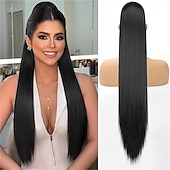 halpa Poninhännät-kiristysnyörillä poninhäntäpidennykset, pitkät suorat poninhännät, luonnollisen pehmeät klipsiponinhännät naisille, synteettiset hiuslisäkkeet, ombre, mustasekoitus, vaaleat