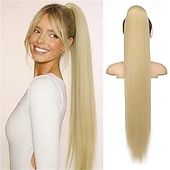 halpa Poninhännät-kiristysnyörillä poninhäntäpidennykset, pitkät suorat poninhännät, luonnollisen pehmeät klipsiponinhännät naisille, synteettiset hiuslisäkkeet, ombre, mustasekoitus, vaaleat