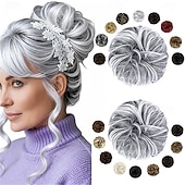 رخيصةأون الشعر المعقوص-قطعتان من وصلات الشعر على شكل كعكة فوضوية، كبيرة ومموجة ومجعدة، مطاطية، على شكل كعكة، كثيفة ورقيقة، على شكل كعكة دونات، وصلات شعر مرفوعة، أشقر رمادي ممزوج بأشقر فاتح