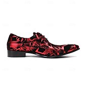 tanie Elementarne Buty Eleganckie-Oryginalne skórzane, czerwone, męskie buty wizytowe z artystycznym nadrukiem, wyjątkowe obuwie designerskie na ślub, wygodne i modne na dzień ślubu