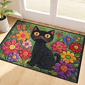 economico Zerbini-zerbino finto ricamato con elegante gatto nero circondato da un colorato giardino fiorito
