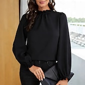 お買い得  ドレッシーブラウス-女性用 シャツ 夏のトップス ラッフル 純色 平織り スタイリッシュ ベーシック 長袖 アシメントリー レギュラートップス 日常 オフィス ワーク ブラック ホワイト ダークレッド ダークグリーン 夏 春 秋 冬