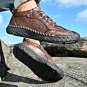 cheap Casual Lace-Up Shoes-Men's Brown Hand-Stitched Faux Leather Hiking Shoes – Rugged Casual Footwear for Outdoor Trekking &amp; Daily Street Style