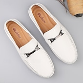 economico Mocassini casual-mocassini slip-on da uomo in similpelle bianca con fibbia in metallo, classiche scarpe casual da lavoro per gli spostamenti in ufficio, i matrimoni e l'uso quotidiano