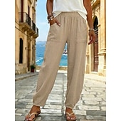 economico Fondi-pantaloni estivi da donna 100% cotone pantaloni pantaloni da spiaggia vacanza boho lunghezza alla caviglia colore naturale tinta unita tasca vita elasticizzata spiaggia casual nero bianco verde militare blu scuro estate primavera autunno