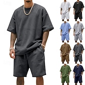 tanie Zestawy koszulek męskich Basic-Męskie T-shirt Garnitury 2 sztuki stroje Koszulka i spodenki Krótki rękaw Półgolf Lato Równina Moda Codzienny 2-częściowa Codzienny Urlop Dzienne zużycie Zgniła zieleń Czarny Biały Top Tee dla