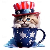  8 stk. patriotiske ornamenter til 4. juli, søt kattunge i tekopp hengende dekorasjon, uavhengighetsdagen rød hvit blå amerikansk flagg klatretre dekor til hjemmefest, minnedagsgaver til katteelskere