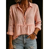 preiswerte Hemden-Damen Hemden in Leinenoptik Bluse Baumwollhemd Knöpfe Einfarbig Basic Lässig Langarm Hemdkragen Normale Oberteile Täglich Weiß Rosa Himmelblau Grün Sommer Frühling Herbst