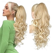 halpa Poninhännät-poninhäntäpidennys, 26 tuuman kiristysnyörillä varustettu poninhäntäpidennys, pitkät kiharat, laineikkaat poninhännät, synteettiset klipsillä varustetut poninhäntäpidennykset naisille, tumman