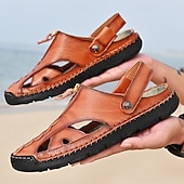 cheap Casual Sandals-Men's Brown Faux Leather Closed-Toe Sandals, Hand-Stitched Breathable Casual Shoes for Summer Outdoor &amp; Beach Wear
