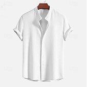cheap Men's Button Up Shirts-Men's Shirt Summer Shirt Beach Wear Corduroy Shirt Navy Blue Short Sleeve Plain Stand Collar Mandarin Collar Henley Casual Daily Clothing Apparel Fashion Casual Comfortable Smart Casual