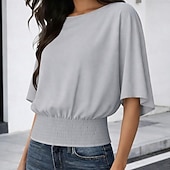 cheap Plain tee-Women's T Shirt Tee Smocked Waist Solid Color Stylish Casual Short Sleeve Batwing Sleeve Crew Neck Round Neck Regular Tops Daily Going out Black White Green Coffee Gray Summer Spring