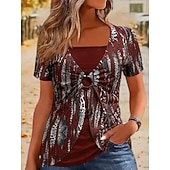 abordables Blusas a rayas y geométricas-Mujer Camiseta Camiseta superior Retazos Estampado Bloque de color Moda Elegante Casual Manga Corta Cuello Barco Tops regulares Diario Noche Fin de semana Azul Piscina Negro Vino Verde Trébol Café