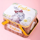 cheap Easter-Easter Bunny Tin Carry Basket, Colorful Metal Rabbit Storage Box with Handle, Creative Easter Decoration Treat Gift Container