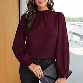お買い得  ドレッシーブラウス-女性用 シャツ 夏のトップス ラッフル 純色 平織り スタイリッシュ ベーシック 長袖 アシメントリー レギュラートップス 日常 オフィス ワーク ブラック ホワイト ダークレッド ダークグリーン 夏 春 秋 冬