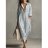 voordelige Strepen- en geometrische jurk-Dames Maxi-jurk Hemdjurk Zonnejurk Bodycon-jurk Vakantie Casual Strandstijl Dagelijks Kantoor Strand Grafisch Geometrisch Lange mouw V-hals blauw donkerbruin Zwart Blozend Roze Zomer Lente Herfst