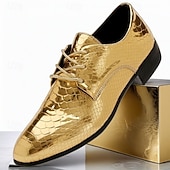 זול נעלי דרבי-נעלי ערב מטאליות לגברים בצבע תנין מוזהב - נעליים רשמיות מבריקות למסיבות, חתונות ואירועי מועדוני לילה