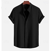cheap Men's Button Up Shirts-Men's Shirt Summer Shirt Beach Wear Corduroy Shirt Navy Blue Short Sleeve Plain Stand Collar Mandarin Collar Henley Casual Daily Clothing Apparel Fashion Casual Comfortable Smart Casual