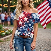  250th Anniversary USA Retro Vintage 1980s T-shirt One Shoulder Short Sleeves Fancy Dress Women's 4th of July Independence Day Adults' T-shirt