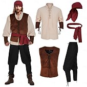 economico Outfit-Set Retrò Vintage Medievale Rinascimento Pantaloni Copricapo Gilet con accessori Lunghe Pirata Girocollo Costume Per uomo Halloween Carnevale Fiera Rinascimentale LARP Adulti Gilet Camicia Pantaloni